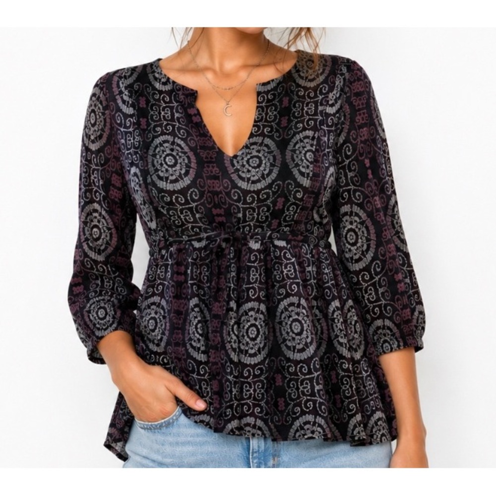 Axcess Liz Claiborne Women Y2k Babydoll Top Empire Waist 3/4 Sleeve StretchyPlum